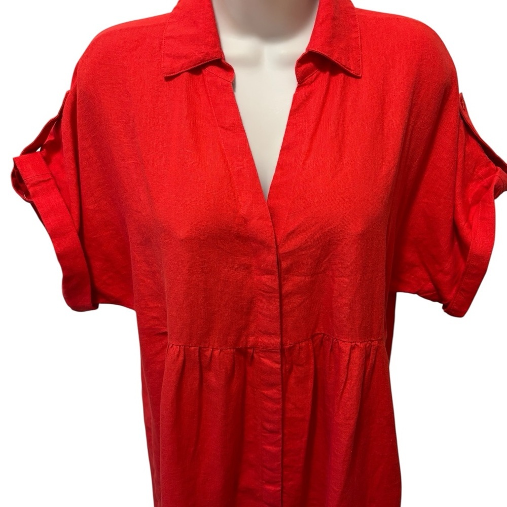 Chicos 100% Linen Roll Tab Dolman Midi Dress Sz 00/2 Oversized Watermelon Punch - Picture 3 of 8